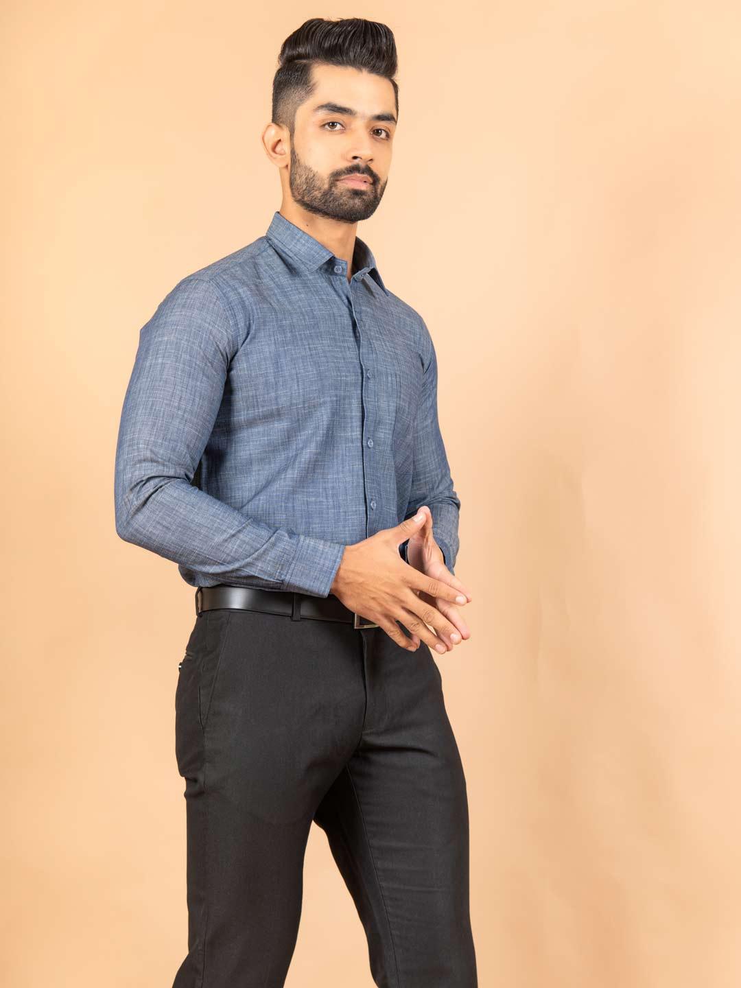 Buy Blue Self Weaved Cotton Shirt Online At Best Prices | Tistabene