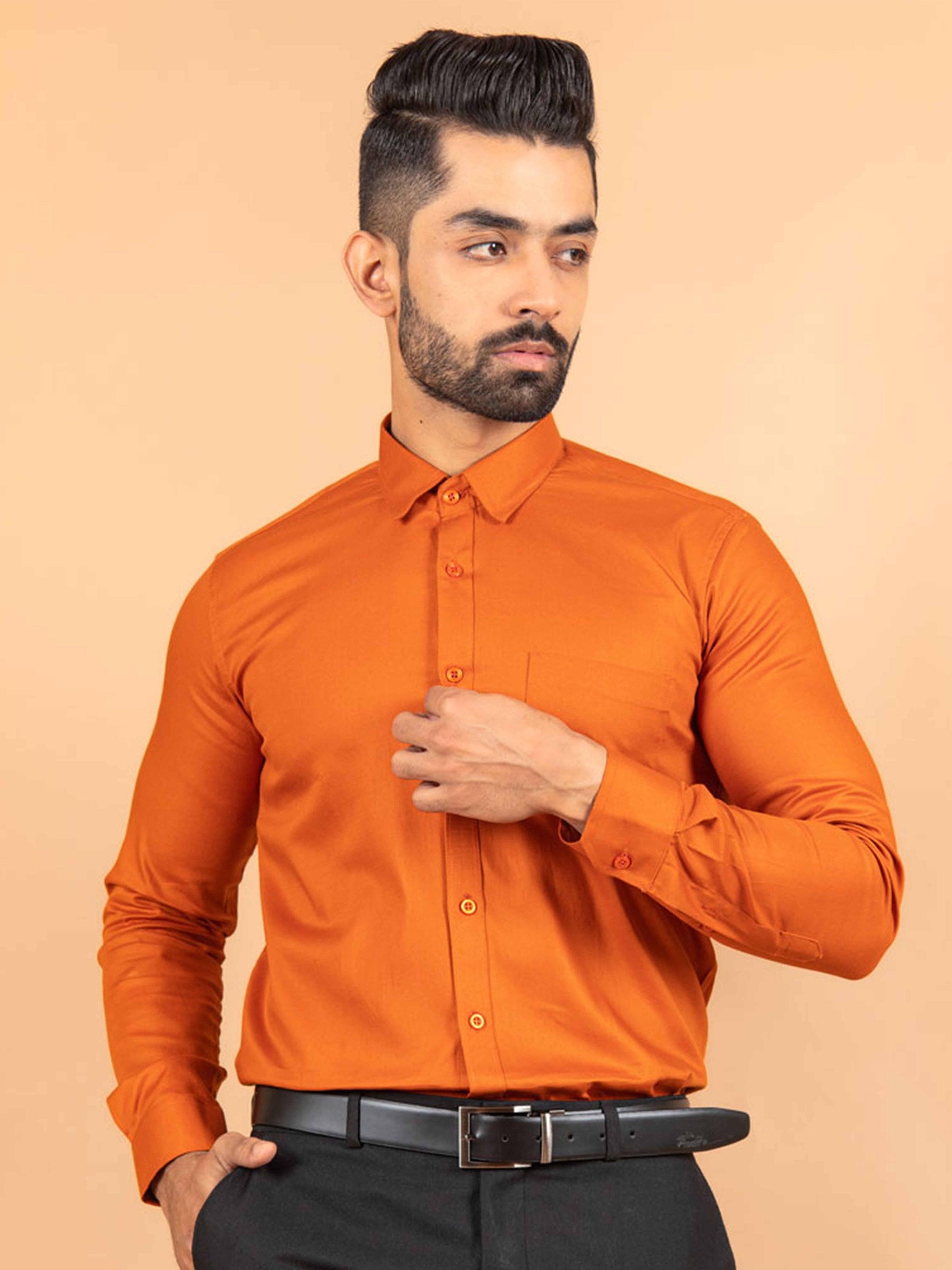 Orange Self Weaved Cotton Shirt - Tistabene