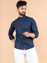 Blue Linen Chinese Collar Shirt