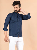 Blue Linen Chinese Collar Shirt