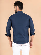 Blue Linen Chinese Collar Shirt