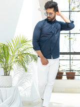 Blue Linen Chinese Collar Shirt