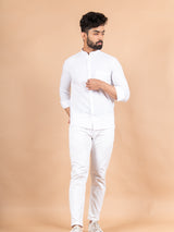 White Linen Chinese Collar Shirt