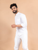 White Linen Chinese Collar Shirt