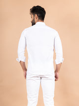 White Linen Chinese Collar Shirt