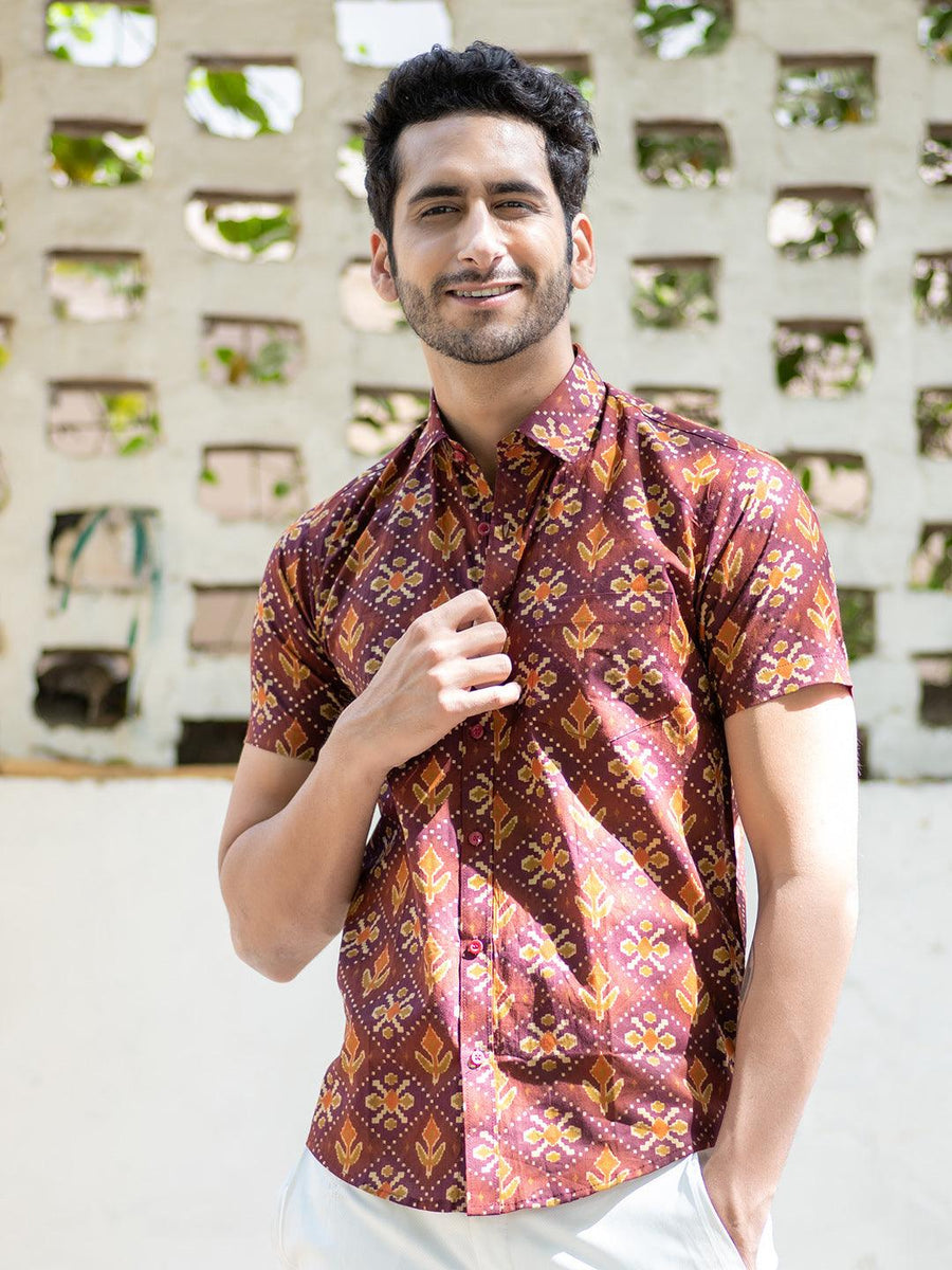 Buy Maroon Jaipuri Printed Cotton Half Shirt Online | Tistabene