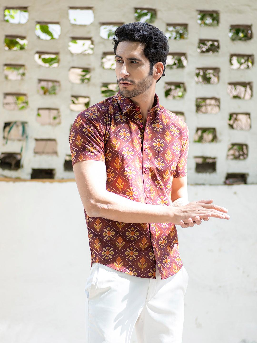 Buy Maroon Jaipuri Printed Cotton Half Shirt Online | Tistabene