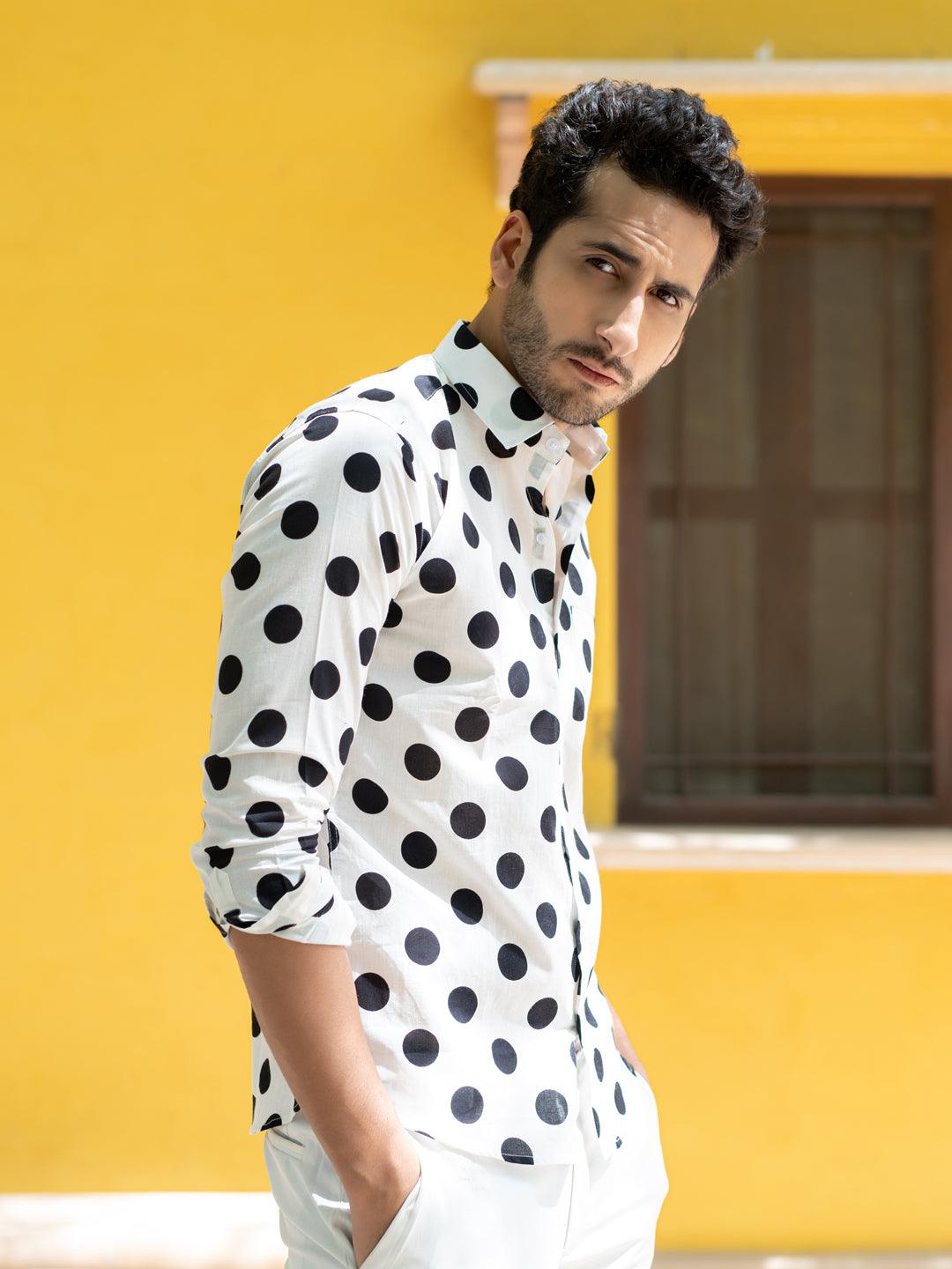 Buy Cotton Half Sleeve White Polka Dotted Print Shirt Online