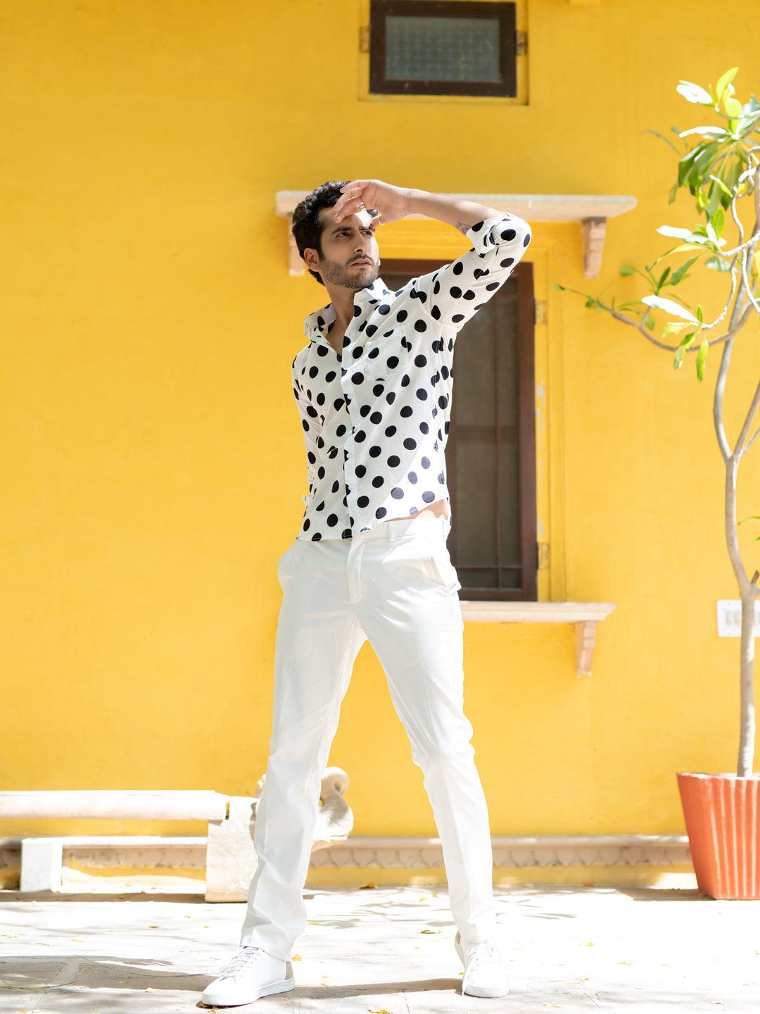 Buy Cotton Half Sleeve White Polka Dotted Print Shirt Online