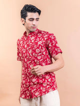 Floral Red Mandarin Collar Half Sleeve Shirt - Tistabene