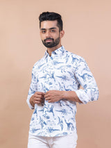 White Animal Print Giza Cotton Full Sleeves Shirt - Tistabene