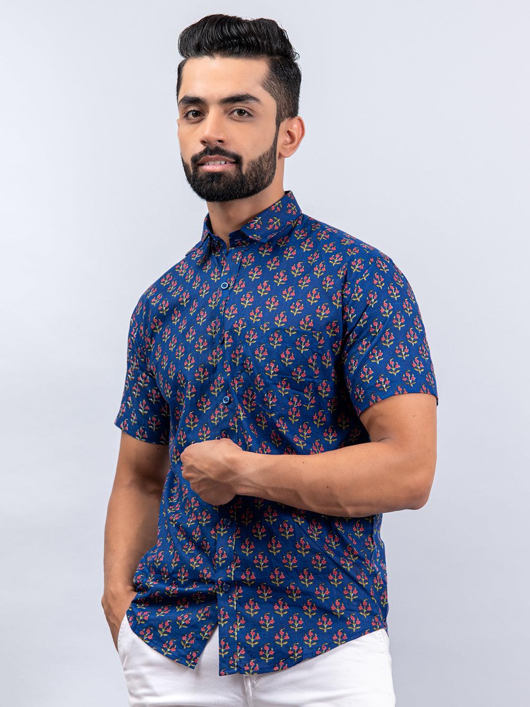 Buy Half Sleevs Cotton Blue Floral Print Shirt Online | Tistabene