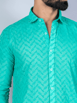 Green Embroidered Full Sleeves Cotton Shirt - Tistabene