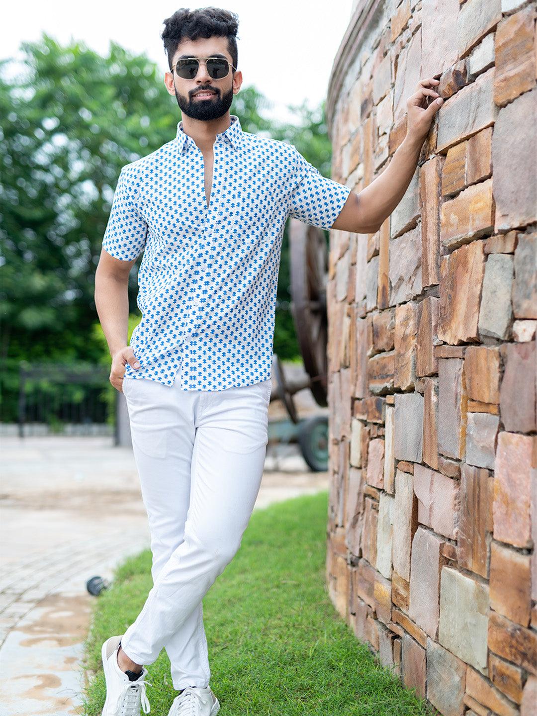 Casual Linen Mens Sanganeri Print Shirt, Full Sleeves