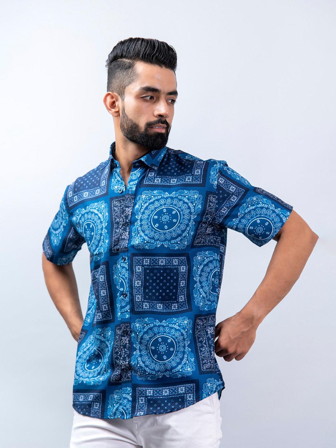 Half Sleeves Blue Bandana Printed Shirt For Men