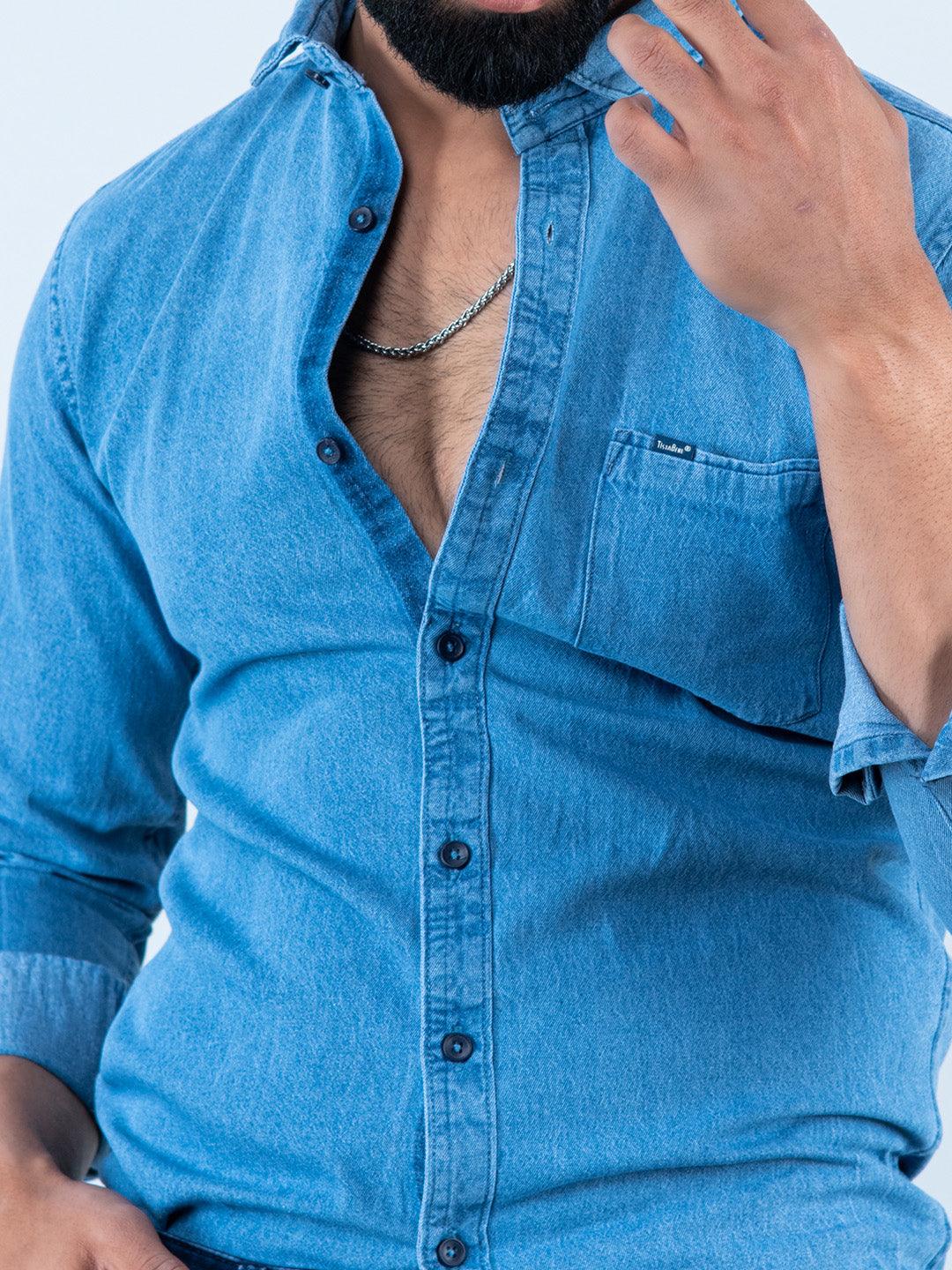 Men's Long Sleeve Denim-Look Banded Collar Shirt, Dark Blue Denim | Simon  Jersey