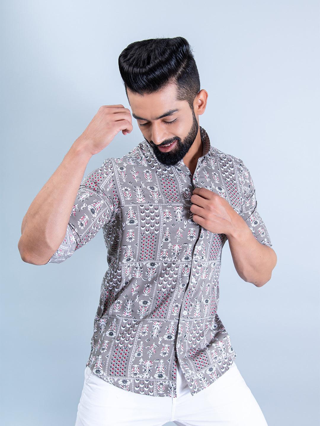 Bandana Patchwork Short Sleeve Shirt In LIGHT BLUE