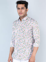 Grey Floral Printed Full Sleeves Crepe Shirt - Tistabene