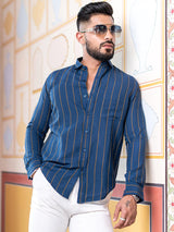 Blue Striped Full Sleeves Giza Cotton Shirt - Tistabene