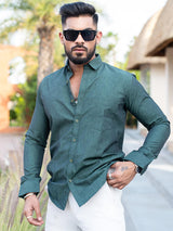 Dark Green Self Weaved Full Sleeves Giza Cotton Shirt - Tistabene