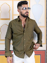 Olive Green Self Weaved Full Sleeves Giza Cotton Shirt - Tistabene