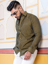 Olive Green Self Weaved Full Sleeves Giza Cotton Shirt - Tistabene