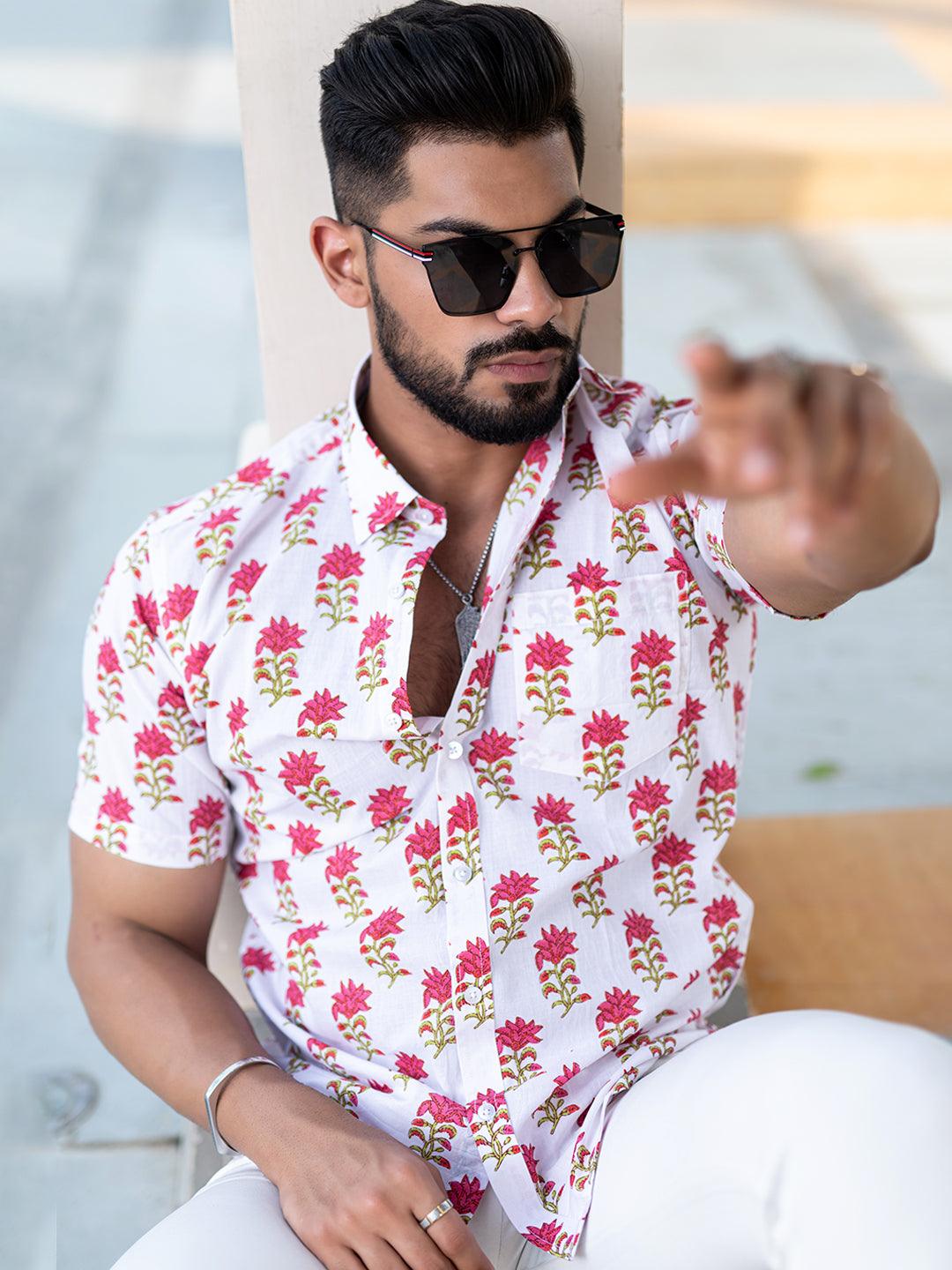 Red Floral Block Printed Half Sleeves Cotton Shirt