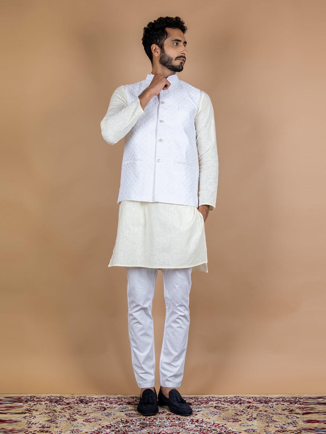 Alluring Lucknowi Chikankaari Embroidered Off-White Nehru Jacket with –  Desioz