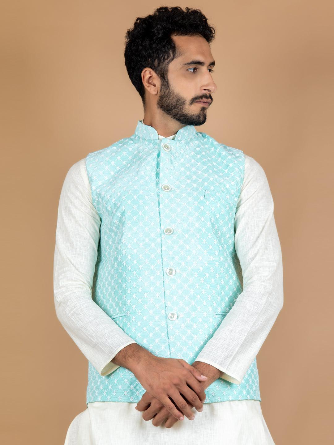 Buy online Blue Solid Silk Nehru Jacket from Jackets for Men by Veera  Paridhaan for ₹1019 at 66% off | 2024 Limeroad.com