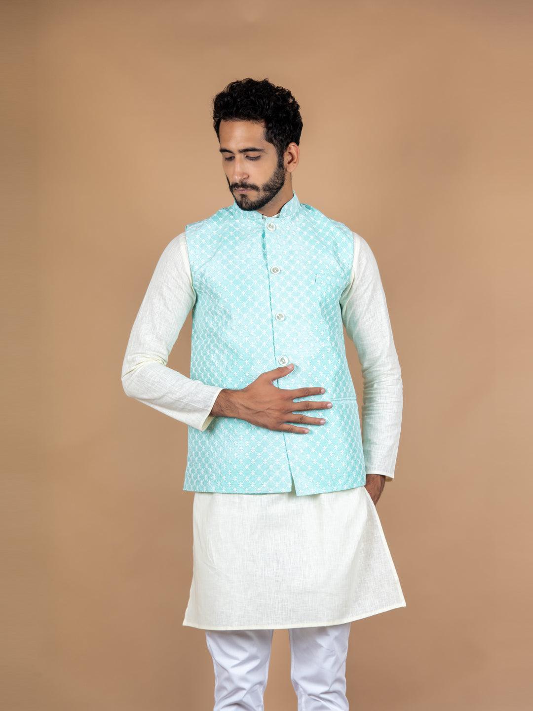 Pistachio Green Embroidered Nehru Jacket With Kurta Set Design by Varun  Chakkilam Men at Pernia's Pop Up Shop 2024