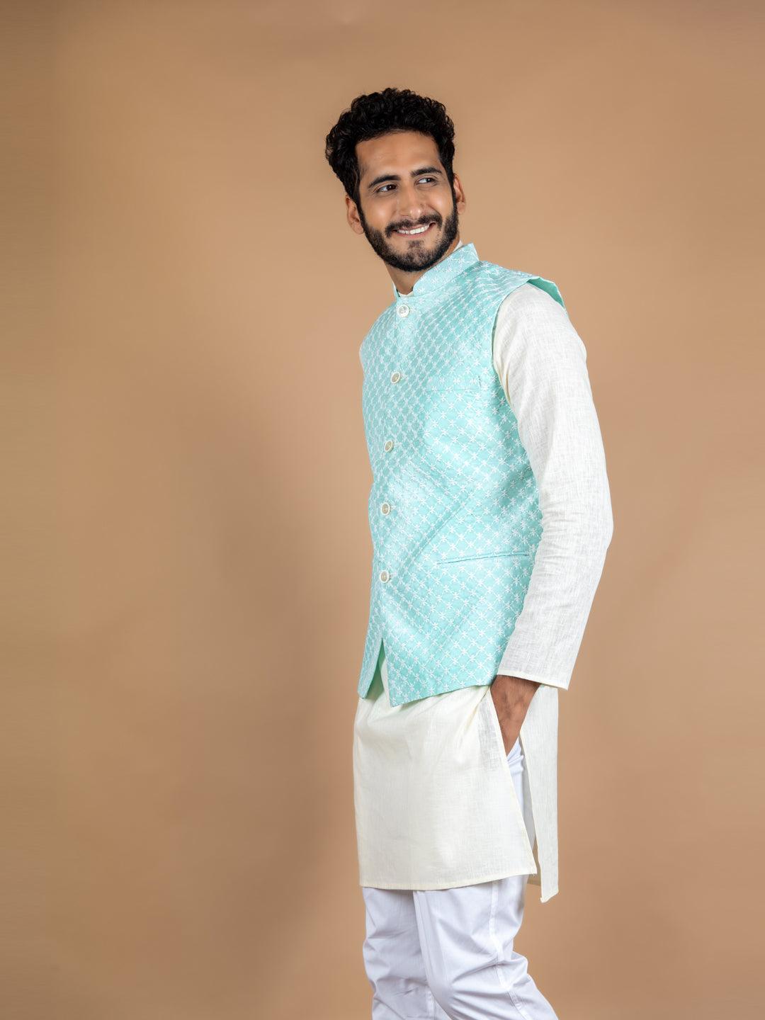 Woven Art Silk Jacquard Nehru Jacket in Sea Green : MUY1431