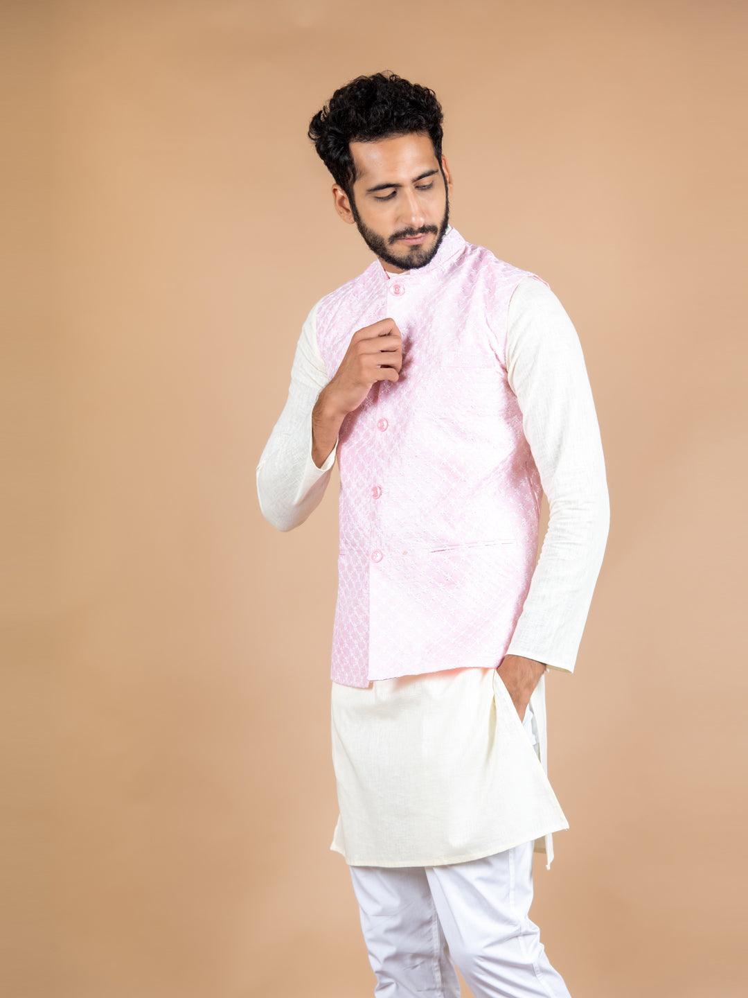 Cotton Plain Mens White And Pink Kurta Pajama With Waist Coat at Rs 650/set  in Surat