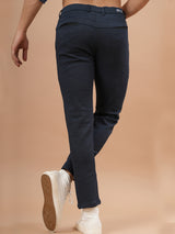 Solid Navy Blue Distressed Cotton Pant