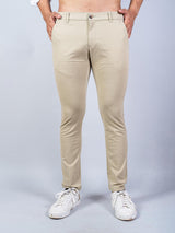 Beige Solid Cotton Twill Trouser - Tistabene