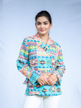 Abstract Printed Kimono Shirt With Belt For Women