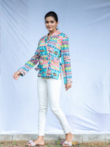 Abstract Printed Kimono Shirt With Belt For Women