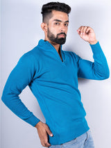 Teal Blue Color Classic Zipper Men's Sweater - Tistabene