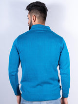 Teal Blue Color Classic Zipper Men's Sweater - Tistabene