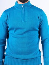 Teal Blue Color Classic Zipper Men's Sweater - Tistabene