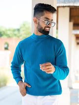 Teal Blue Color Turtle Neck Men's Sweater - Tistabene