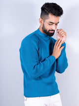 Teal Blue Color Turtle Neck Men's Sweater - Tistabene