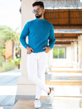 Teal Blue Color Turtle Neck Men's Sweater - Tistabene