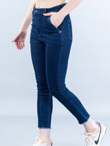 Mid Blue Pleated Skinny Fit Jeans For Women