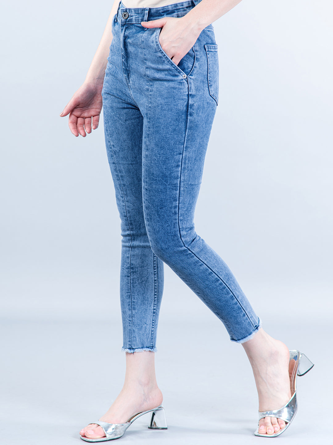 Light Blue Pleated Skinny Fit Jeans For Women