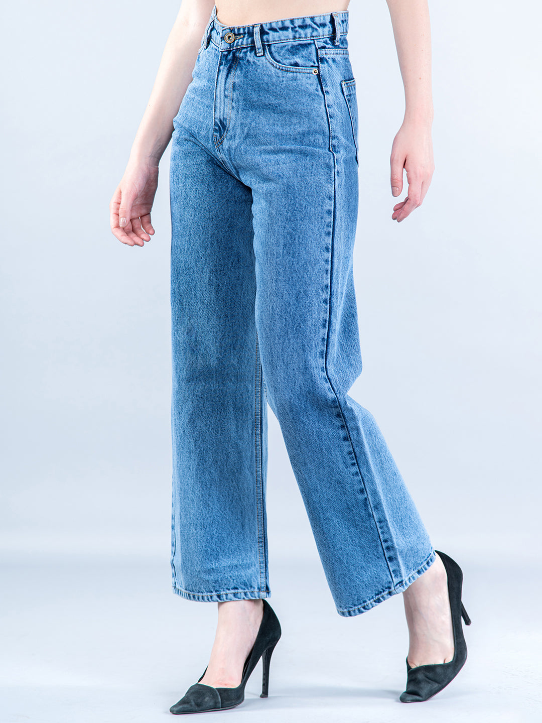 Light Blue Straight Flared-fit Jeans For Women