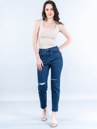 Mid Blue Thigh Cut Jeans For Women