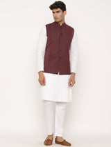 Maroon Stripes Cotton Nehru Jacket With Welt Pockets