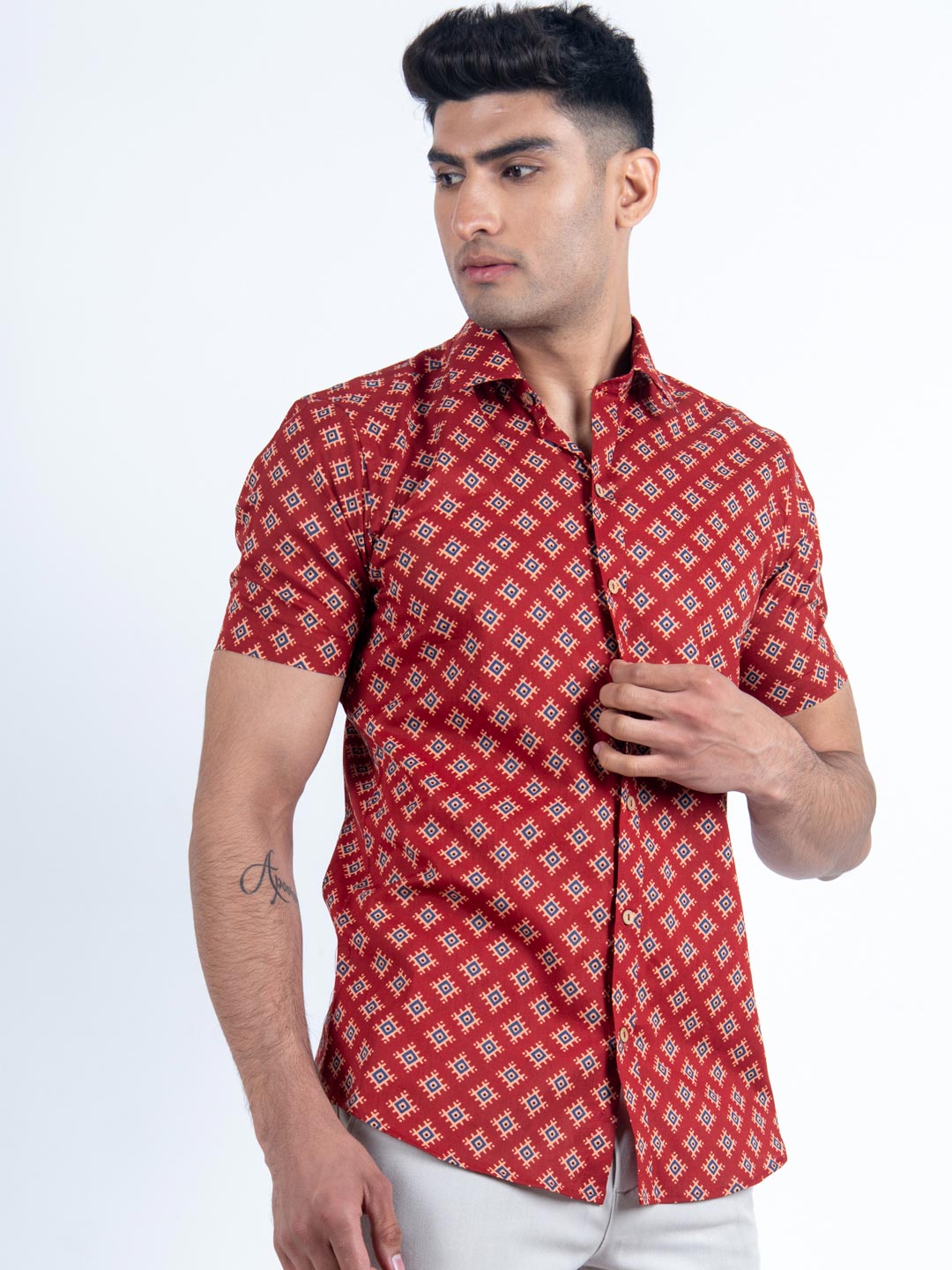 Red Floral Printed Half Sleeves Cotton Shirt