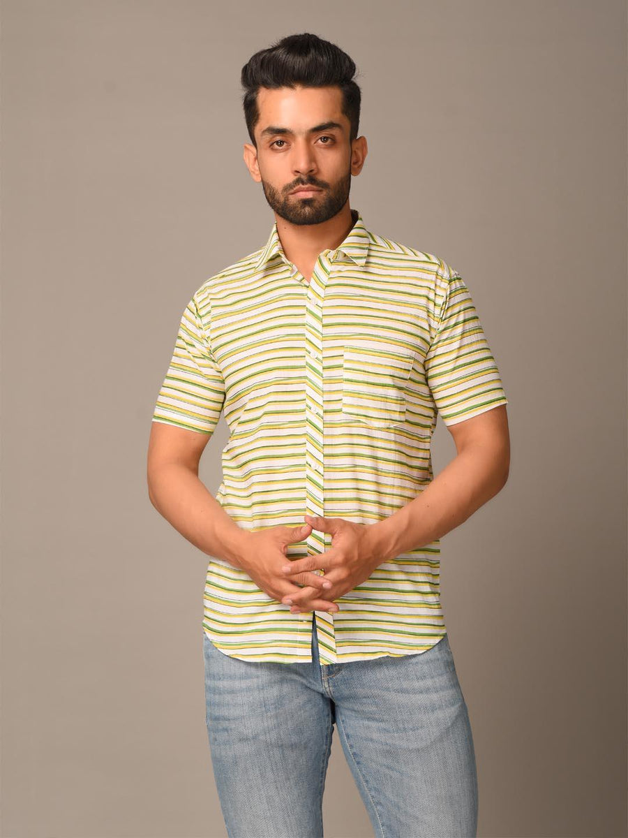 Buy Green And Yellow Stripes Cotton Half Shirt Online | Tistabene