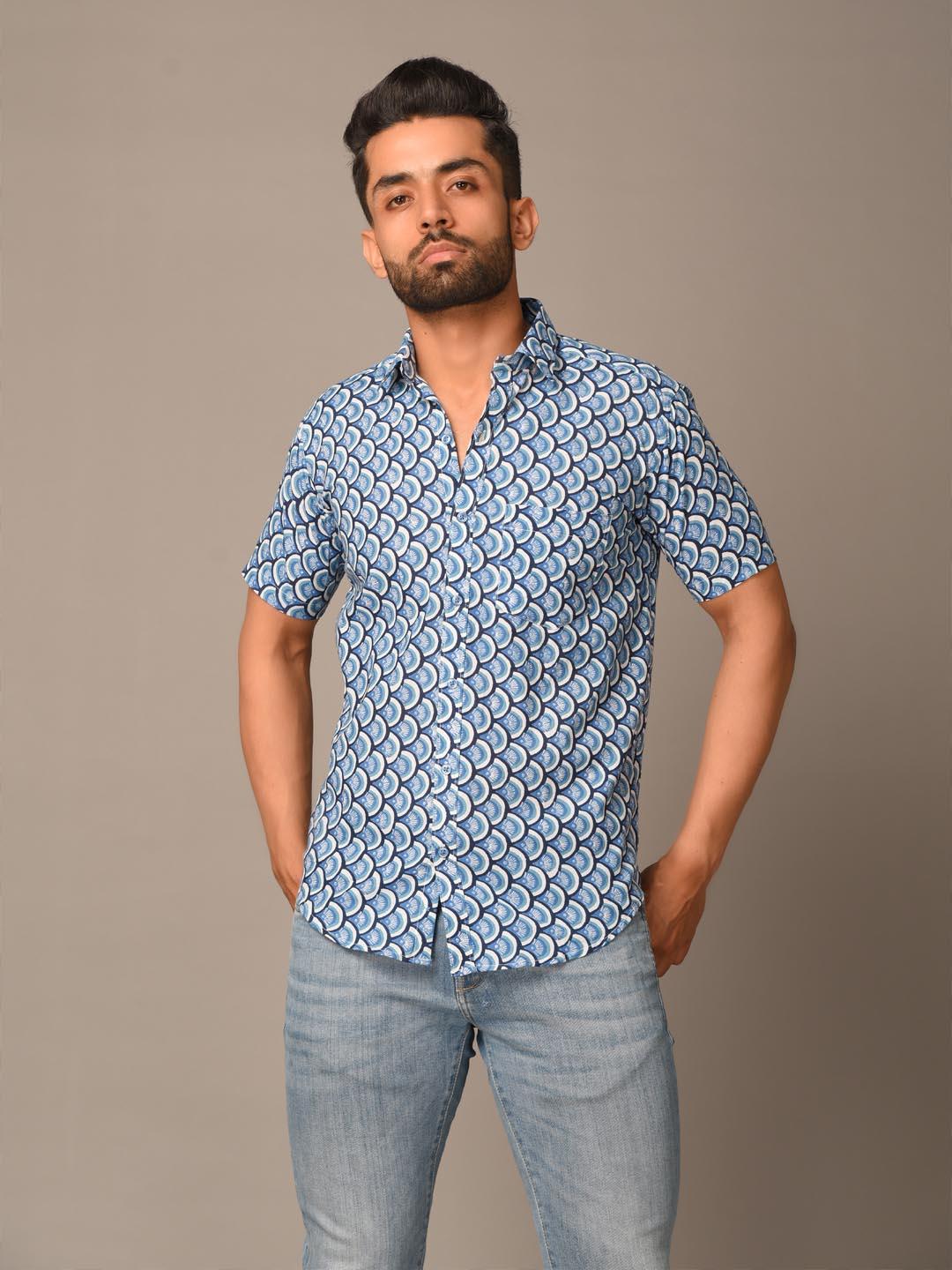 Blue Takeshi Printed Cotton Half Shirt